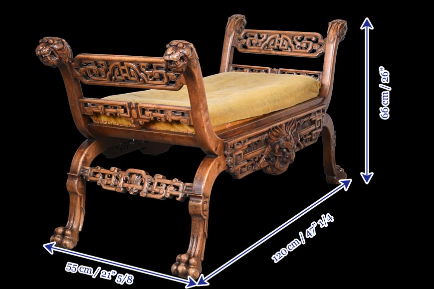 The Crystal Staircase (after), Large Japanese-style carved wooden bench with lion and Foo dog heads The Crystal Staircase (after), Large Japanese-style carved wooden bench with lion and Foo dog heads-15