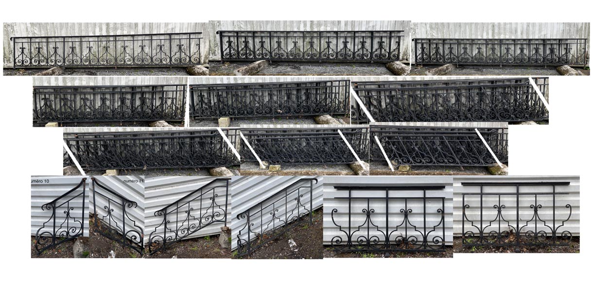 Set of wrought-iron railings featuring a design of scrolls and volute terminals, including both straight and raked sections Set of wrought-iron railings featuring a design of scrolls and volute terminals, including both straight and raked sections-0