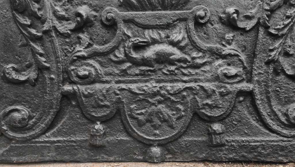 18th-century fireplace plaque with a salamander and two atlantes supporting an entablature with fire vases 18th-century fireplace plaque with a salamander and two atlantes supporting an entablature with fire vases-6