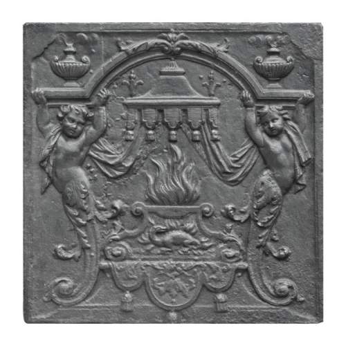 18th-century fireplace plaque with a salamander and two atlantes supporting an entablature with fire vases