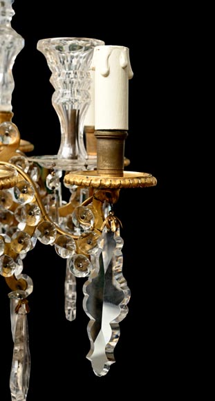 Six-light chandelier in cut crystal and gilt bronze, in the style of the Cristallerie Royale de Champagne de Bayel Six-light chandelier in cut crystal and gilt bronze, in the style of the Cristallerie Royale de Champagne de Bayel-6