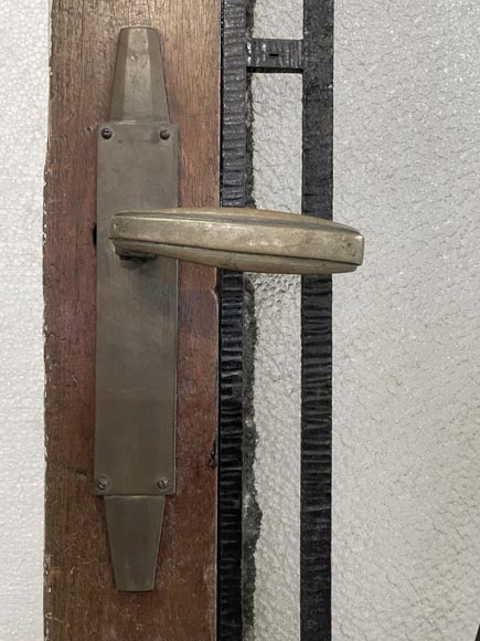 Art Deco interior door in wood and wrought metal, featuring geometric ornamentation and textured glass-5