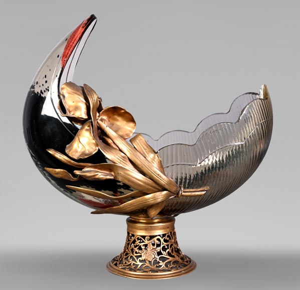 Attributed to L'Escalier de Cristal, François-Eugène Rousseau, and Ernest Léveillé: a Japonist polychrome glass vase encircled by a gilt-bronze iris.-0