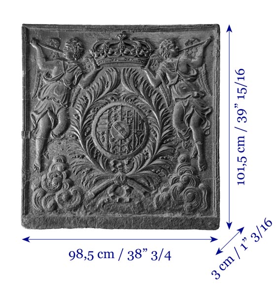 18th-century fireback featuring a coat of arms framed by musical angels-9