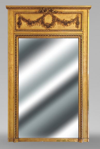 Gilt Louis XVI-style trumeau mirror with a floral wreath-0