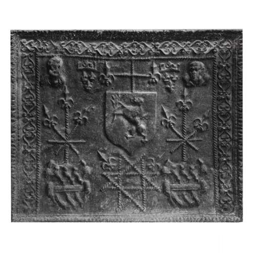 Cast-iron fireback decorated with a coat of arms and a portrait bust