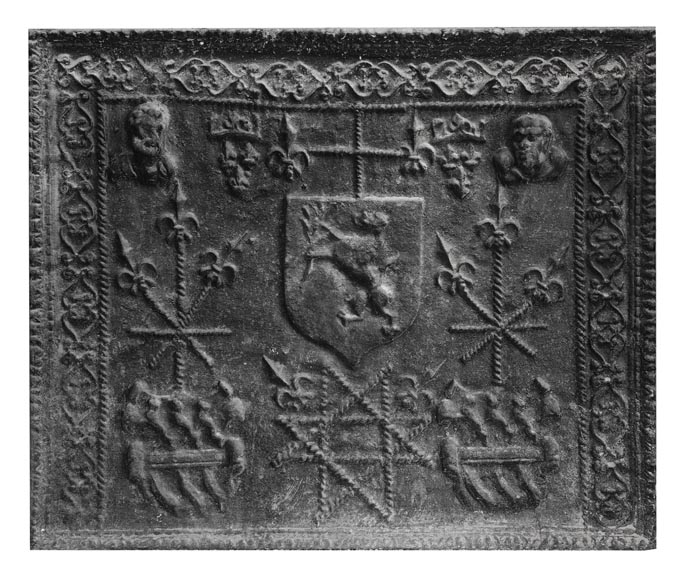 Cast-iron fireback decorated with a coat of arms and a portrait bust Cast-iron fireback decorated with a coat of arms and a portrait bust-0