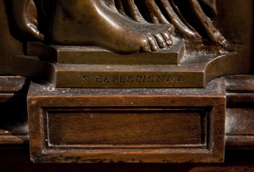 Large Neo-Troubadour buffet made out of carved walnut with bronze low-reliefs signed by Ferdinand Barbedienne-7