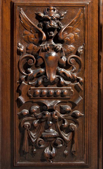 Large Neo-Troubadour buffet made out of carved walnut with bronze low-reliefs signed by Ferdinand Barbedienne-10