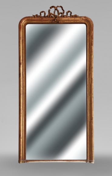 Gilt Louis XVI style trumeau mirror with a tied ribbon motif-0