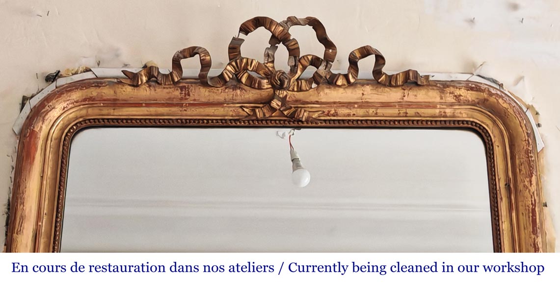 Gilt Louis XVI style trumeau mirror with a tied ribbon motif-1