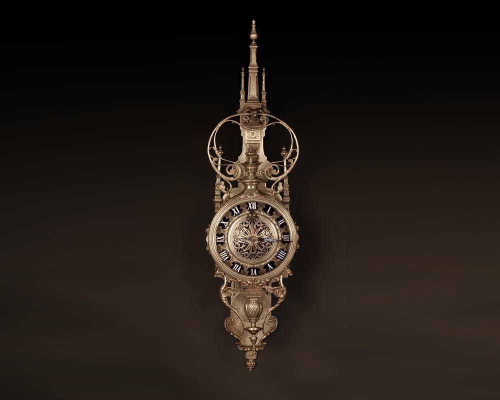 MARCHAND Léon and PIAT Frédéric-Eugène, Elegant silvered bronze and enamel cartel clock in the neo-Gothic style-1
