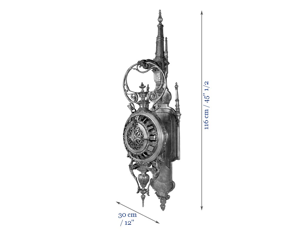 MARCHAND Léon and PIAT Frédéric-Eugène, Elegant silvered bronze and enamel cartel clock in the neo-Gothic style-4