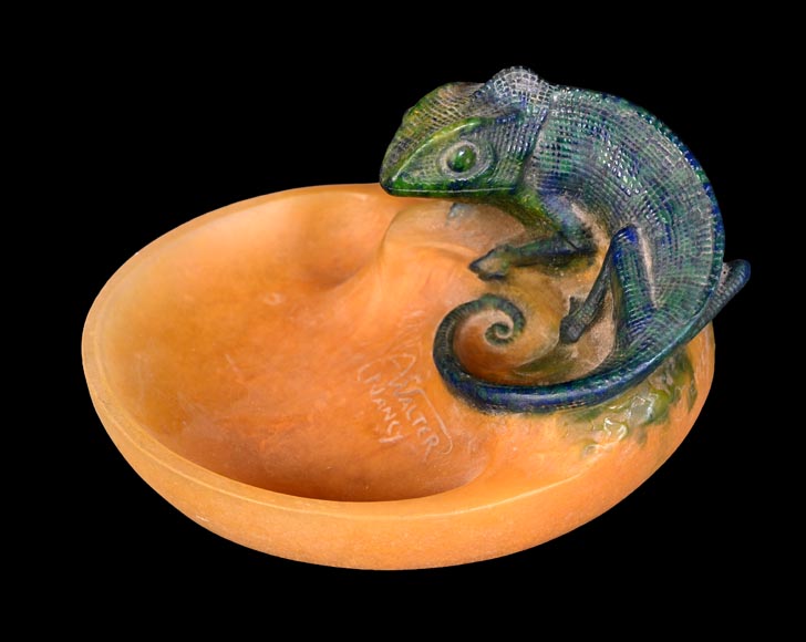 WALTER Amalric & BERGÉ Henri — Pâte de verre dish with chameleon-1