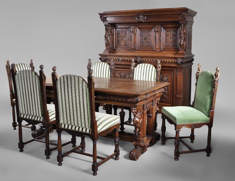 Antique Neo-Renaissance style dining room made out of carved walnut with grotesques and fantastics animals decor-0
