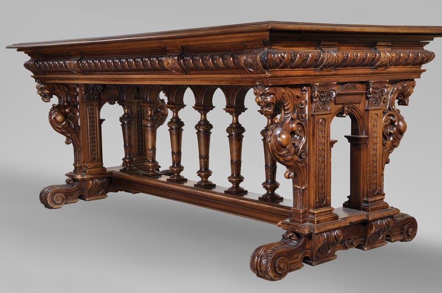 Antique Neo-Renaissance style dining room made out of carved walnut with grotesques and fantastics animals decor-8