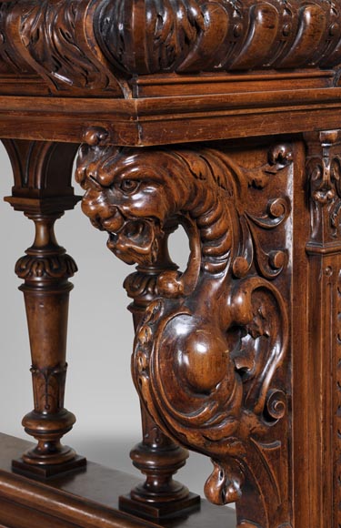 Antique Neo-Renaissance style dining room made out of carved walnut with grotesques and fantastics animals decor-9
