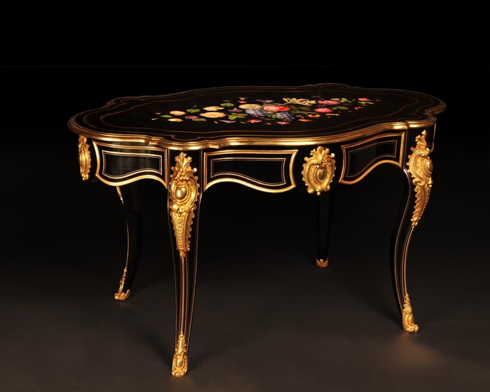 Julien-Nicolas RIVART (1802-1867) - Louis XV style table in ebonized pear wood inlaid with porcelain marquetry-0