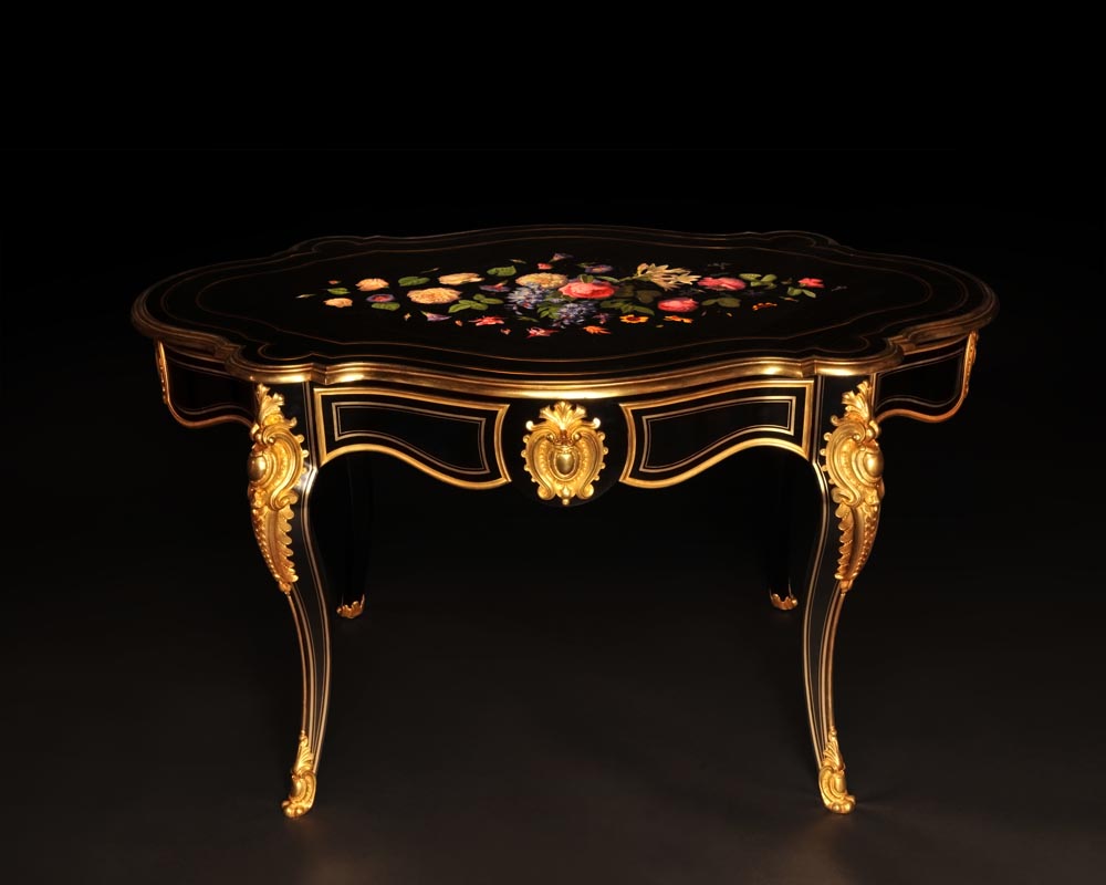 Julien-Nicolas RIVART (1802-1867) - Louis XV style table in ebonized pear wood inlaid with porcelain marquetry-1