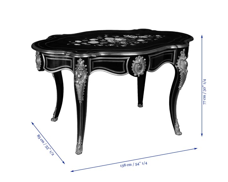 Julien-Nicolas RIVART (1802-1867) - Louis XV style table in ebonized pear wood inlaid with porcelain marquetry-4