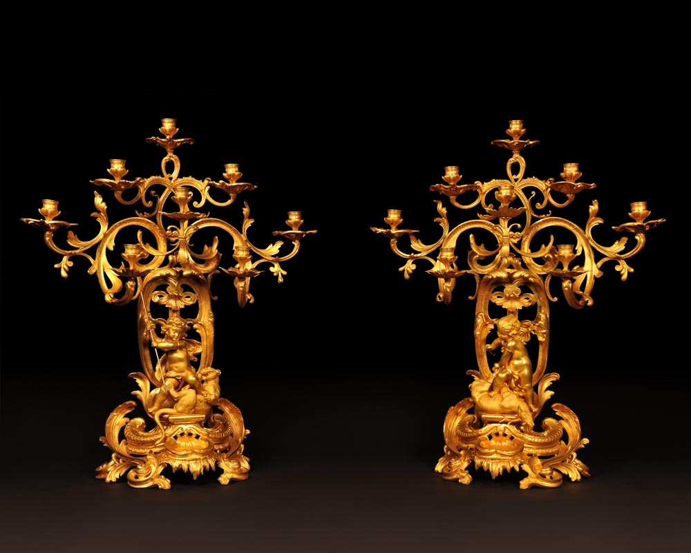 Henri HOUDEBINE and DEMAY « Cherubs on the hunt » Pair of candelabras presented  at the Universal Exhibition of 1855-0