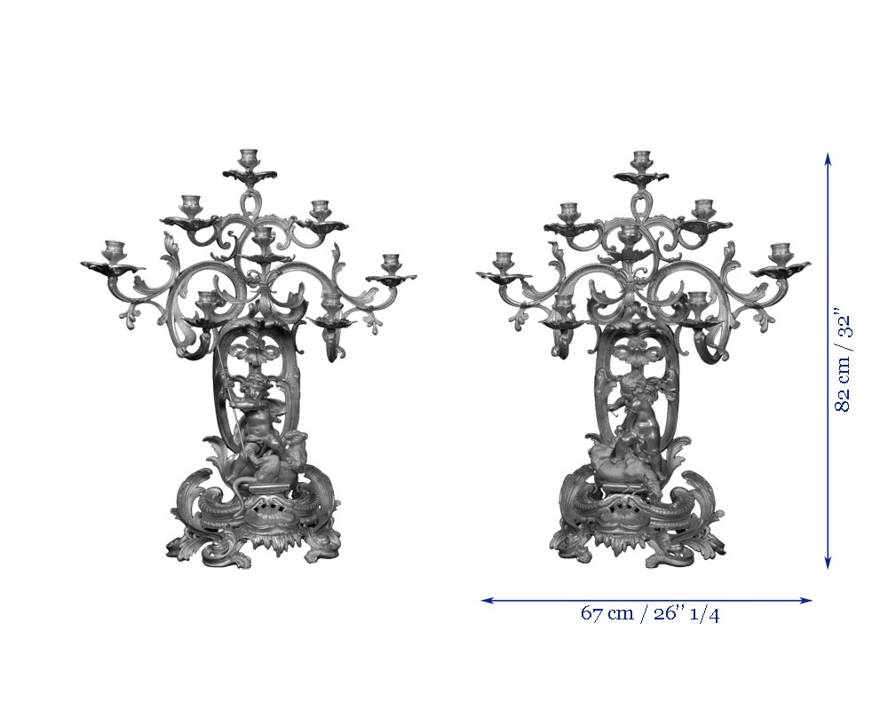 Henri HOUDEBINE and DEMAY « Cherubs on the hunt » Pair of candelabras presented  at the Universal Exhibition of 1855-7