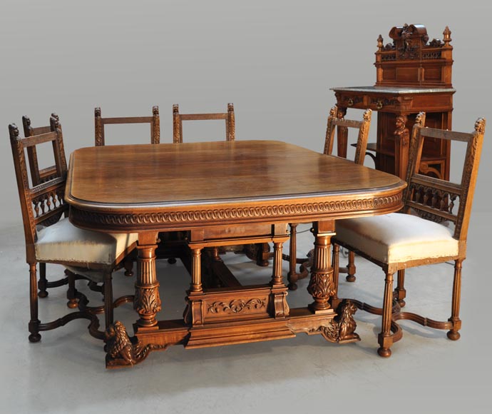 VEROT, Cabinetmaker - Neo-Renaissance style dining room set made out of carved walnut-0