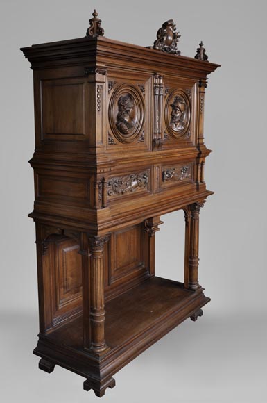 Neo-Renaissance style carved walnut credenza with profiles of costumed characters-1