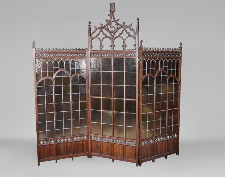 Antique Neo Gothic Style Oak Wood Screen With Gargoyles Decor