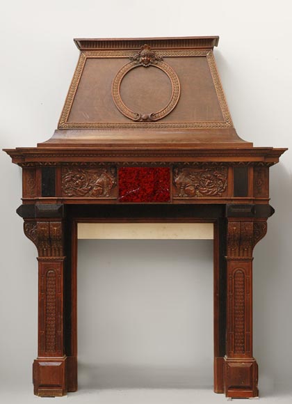 Antique Neo-Renaissance style walnut mantelpiece With Diane de Poitiers coat of arms after the monumental fireplace coming from the Chateau of Villeroy and exhibited at the Louvre Museum-0