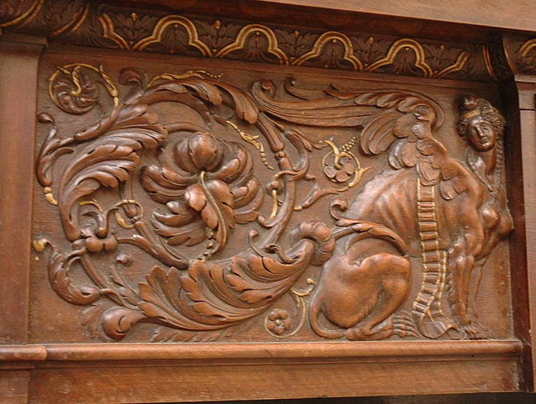 Antique Neo-Renaissance style walnut mantelpiece With Diane de Poitiers coat of arms after the monumental fireplace coming from the Chateau of Villeroy and exhibited at the Louvre Museum-3