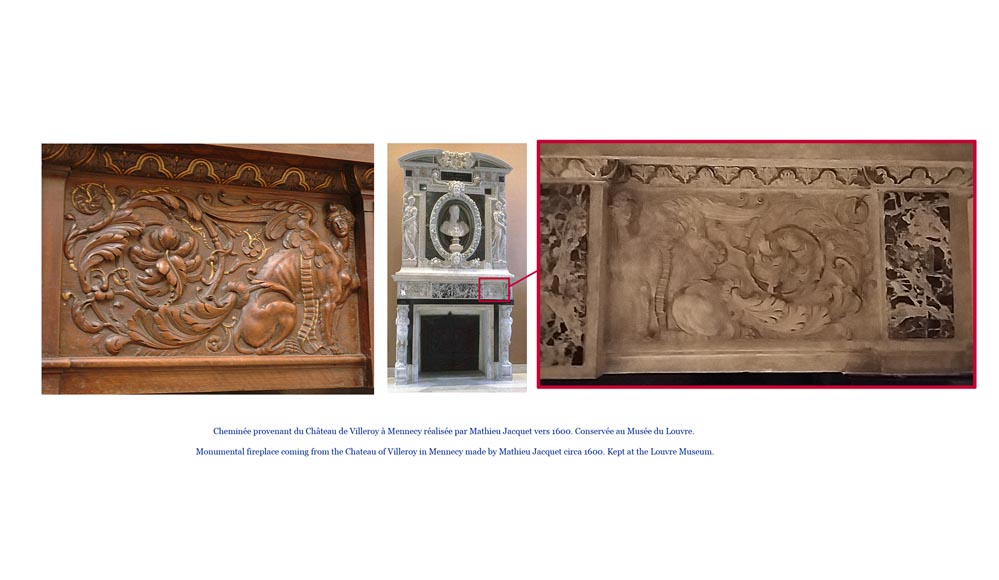 Antique Neo-Renaissance style walnut mantelpiece With Diane de Poitiers coat of arms after the monumental fireplace coming from the Chateau of Villeroy and exhibited at the Louvre Museum-7
