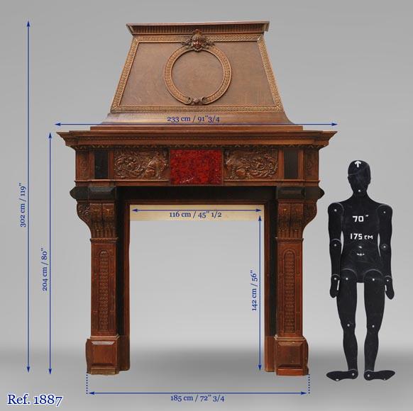 Antique Neo-Renaissance style walnut mantelpiece With Diane de Poitiers coat of arms after the monumental fireplace coming from the Chateau of Villeroy and exhibited at the Louvre Museum-8