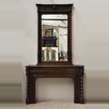 Large oak wood Louis XIII style fireplace with trumeau mirror