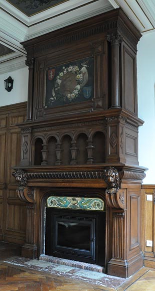 Monumental oak wood fireplace with painting on canvas depicting Joan of Arc-4