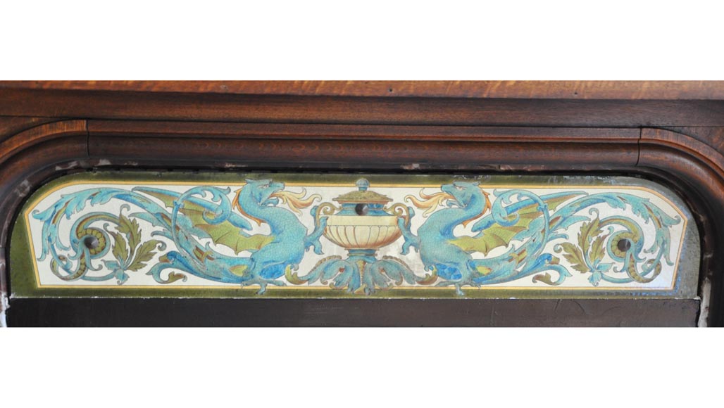 Monumental oak wood fireplace with painting on canvas depicting Joan of Arc-11