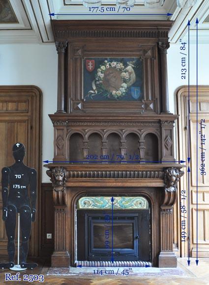 Monumental oak wood fireplace with painting on canvas depicting Joan of Arc-13