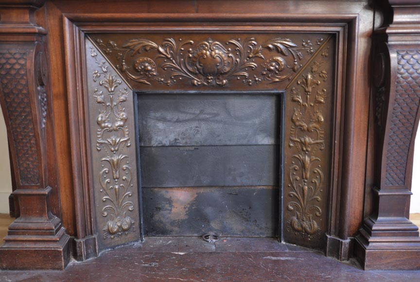Large antique Napoleon III style fireplace in walnut wood-10