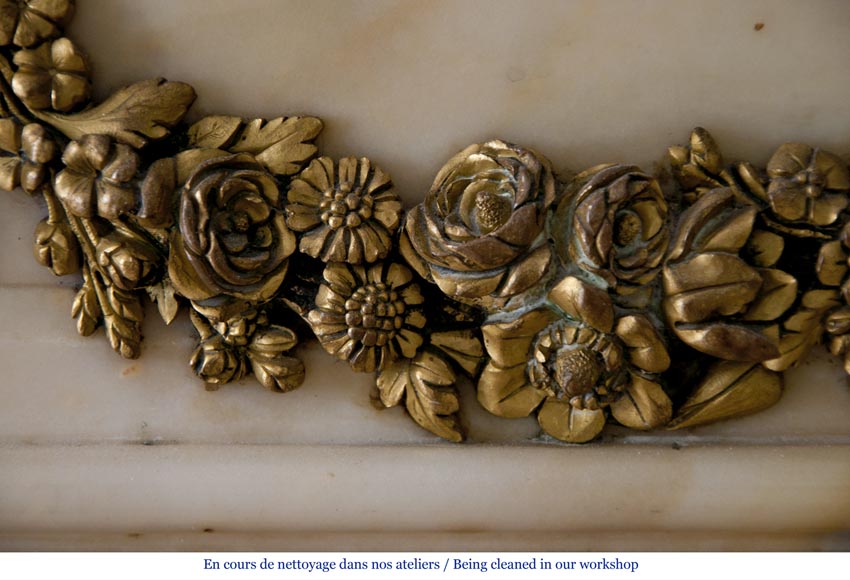 Very beautiful antique Louis XVI style fireplace made out of Panazeau marble with gilded bronze ornaments-2
