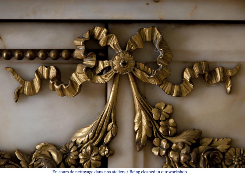 Very beautiful antique Louis XVI style fireplace made out of Panazeau marble with gilded bronze ornaments-3