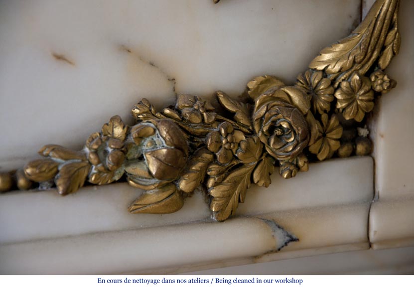 Very beautiful antique Louis XVI style fireplace made out of Panazeau marble with gilded bronze ornaments-4