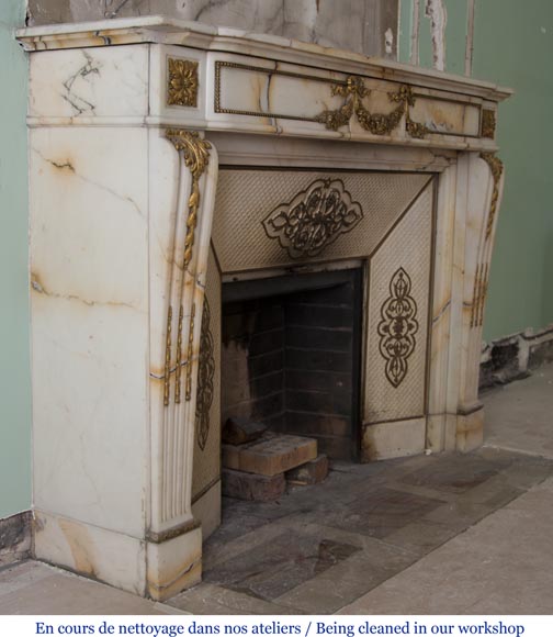 Very beautiful antique Louis XVI style fireplace made out of Panazeau marble with gilded bronze ornaments-5