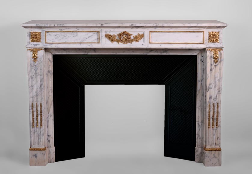 Beautiful antique Louis XVI style fireplace made out of Grey Paonazzo with gilded bronze ornaments-0