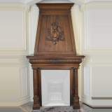 Large antique Neo-Renaissance style fireplace made out of carved walnut with Helm Knight decor