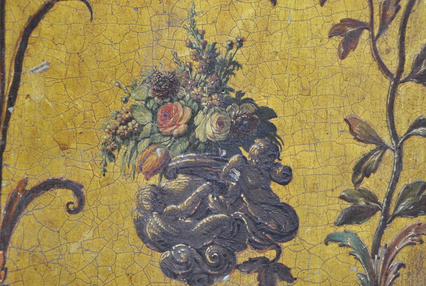 Double door with frame with putti and flowers decor on gold painting background-7