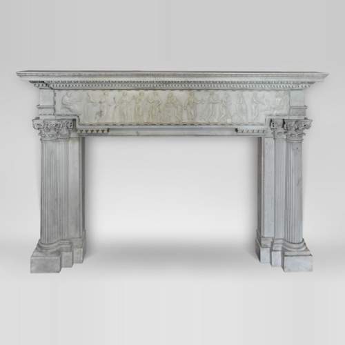 Exceptional antique late 18th century Statuary Carrara marble fireplace with a large frieze of figures after the ''Sarcophagus of Muses'' in the Louvre Museum
