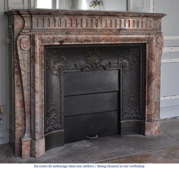 Beautiful antique Louis XIV style fireplace with acroterion in Sarrancolin Fantastico marble-2