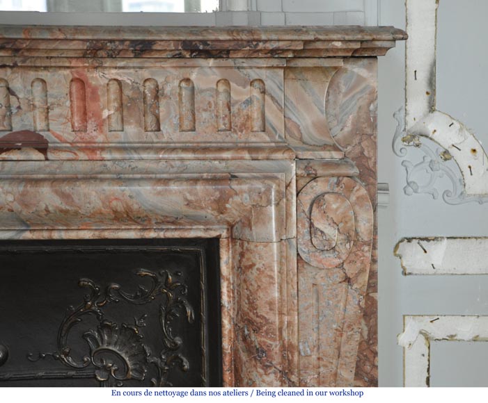Beautiful antique Louis XIV style fireplace with acroterion in Sarrancolin Fantastico marble-5