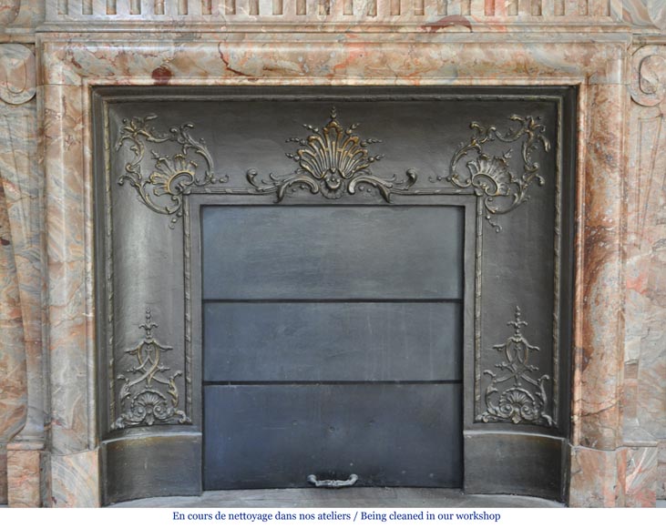 Beautiful antique Louis XIV style fireplace with acroterion in Sarrancolin Fantastico marble-6