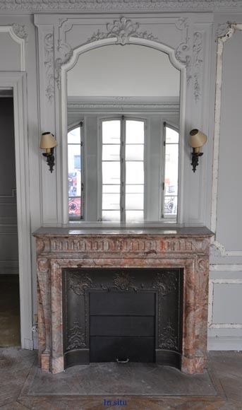 Beautiful antique Louis XIV style fireplace with acroterion in Sarrancolin Fantastico marble-9